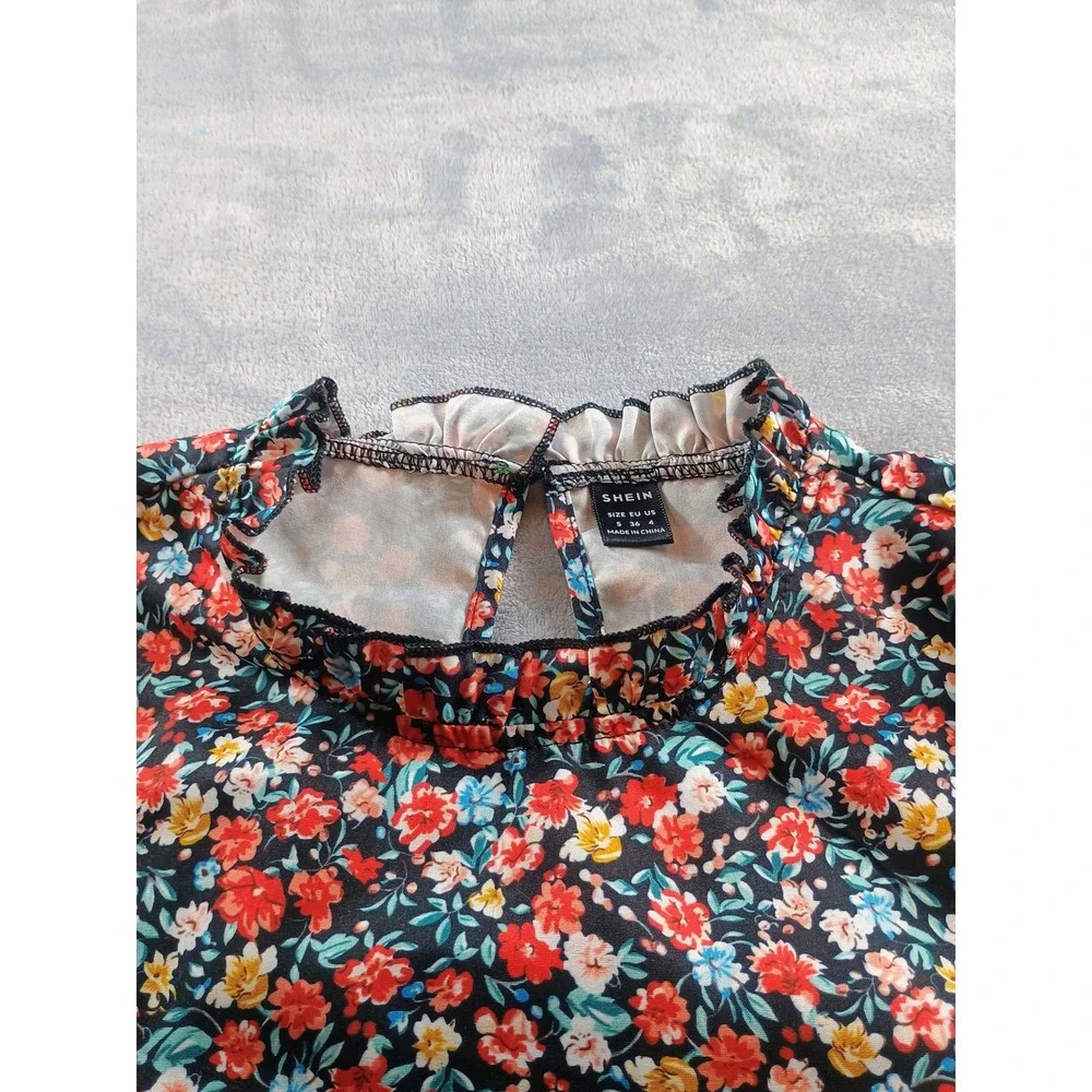 SHEIN Womens Floral Mock Neck Blouse Multicolor Small Smocked Cuffs